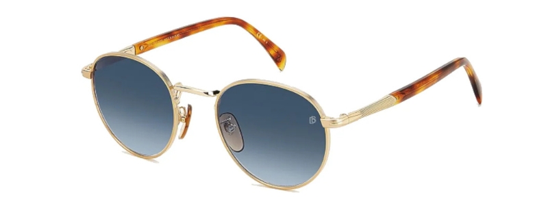 Óculos de sol com armação dourada e lentes azuis.