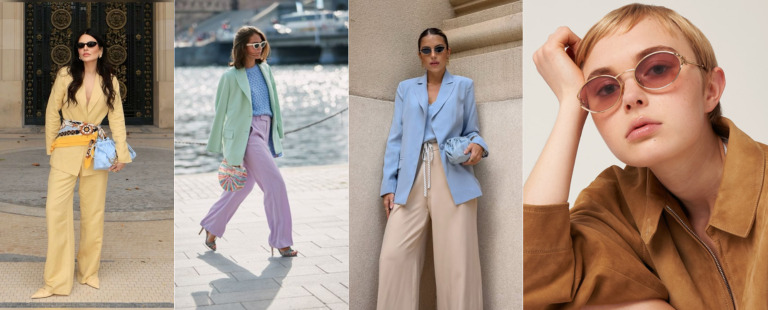 Estilos de moda com looks coloridos e óculos de sol