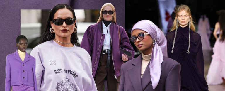 Modelos em desfile com roupas roxas e óculos escuros