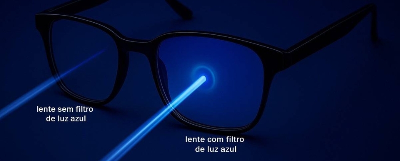 Óculos com e sem filtro de luz azul.
