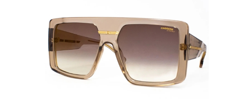 Óculos de sol grandes com armação em tom marrom.